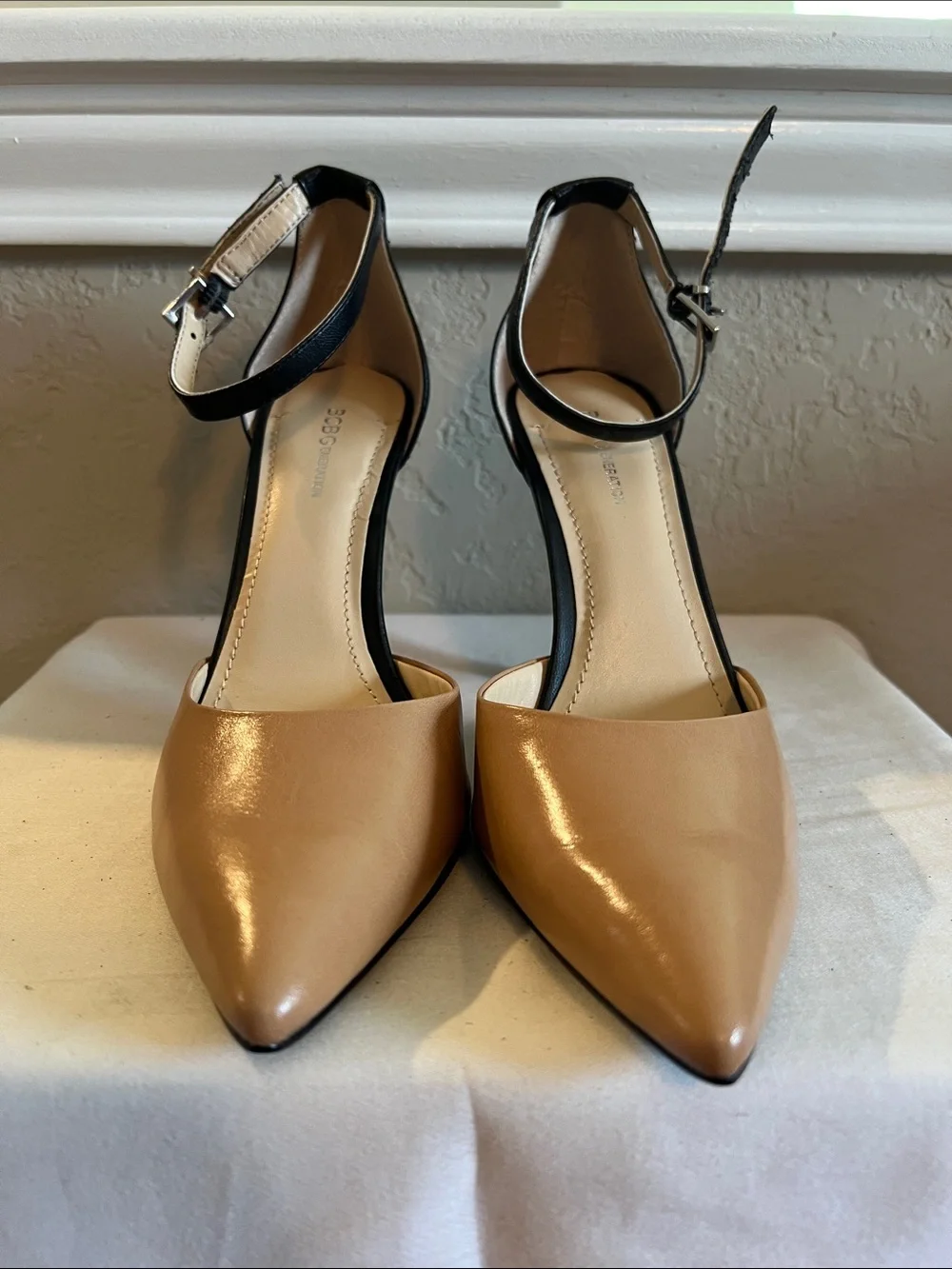 BCBGeneration Women’s Tan Pointed-Toe Ankle-Strap Pumps